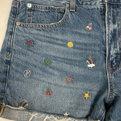 American Eagle Womens Shorts Size 12 Denim 90s Boyfriend Shorts Embroidered Hippie