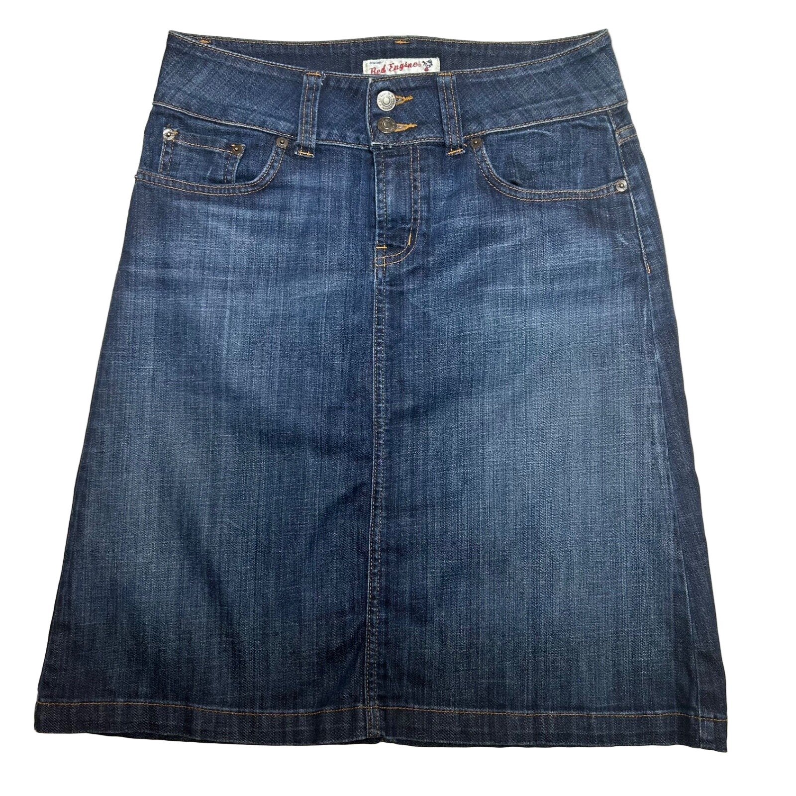 Vintage Y2K Red Engine Dark Wash Blue Denim Skirt Claret A-Line Womens S 29 Midi