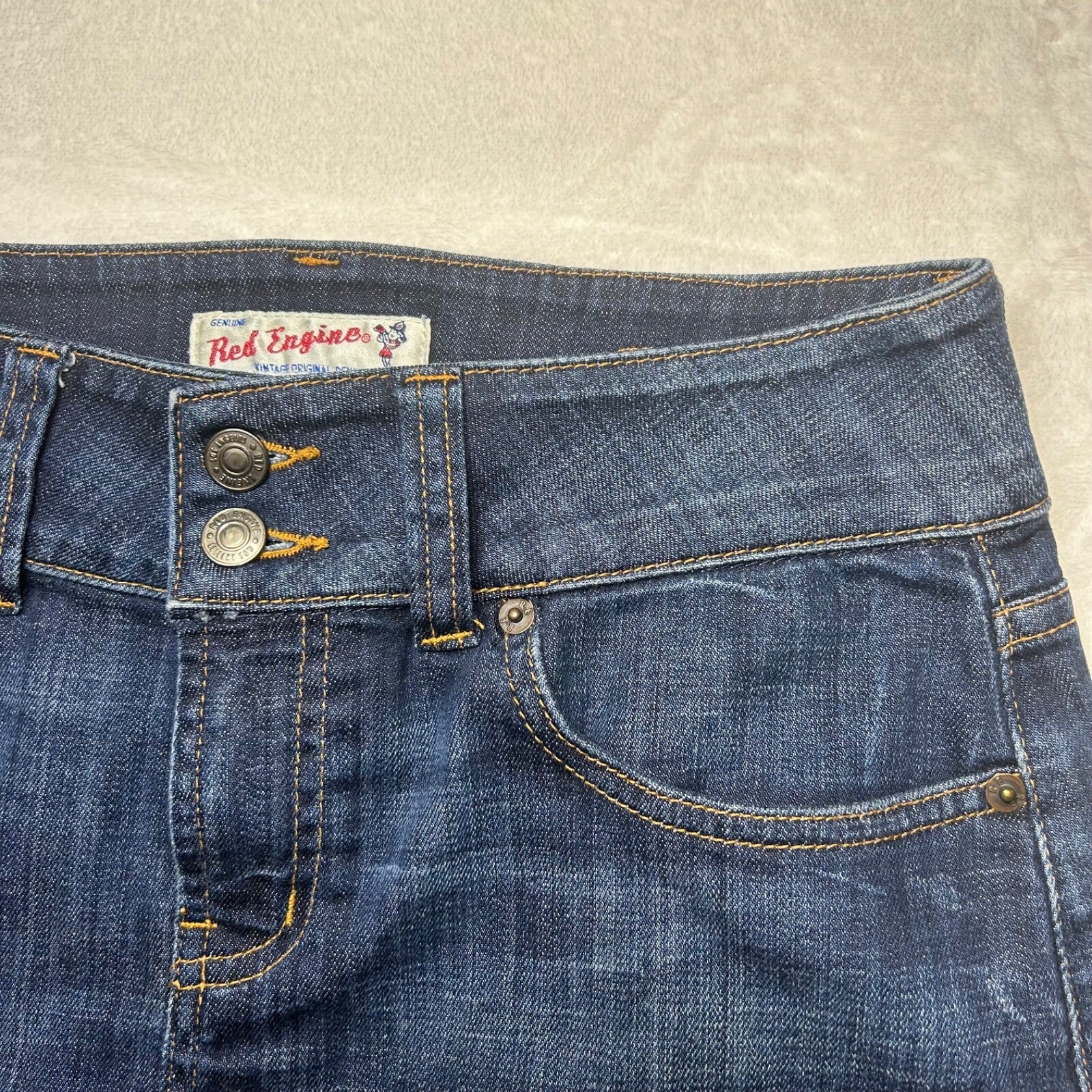 Vintage Y2K Red Engine Dark Wash Blue Denim Skirt Claret A-Line Womens S 29 Midi