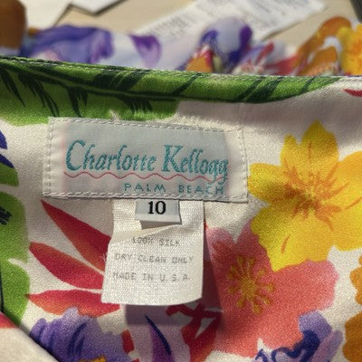Charlotte Kellog Resort Skirt Drop Waist Midi 100% Silk Tropical Size 10 Women
