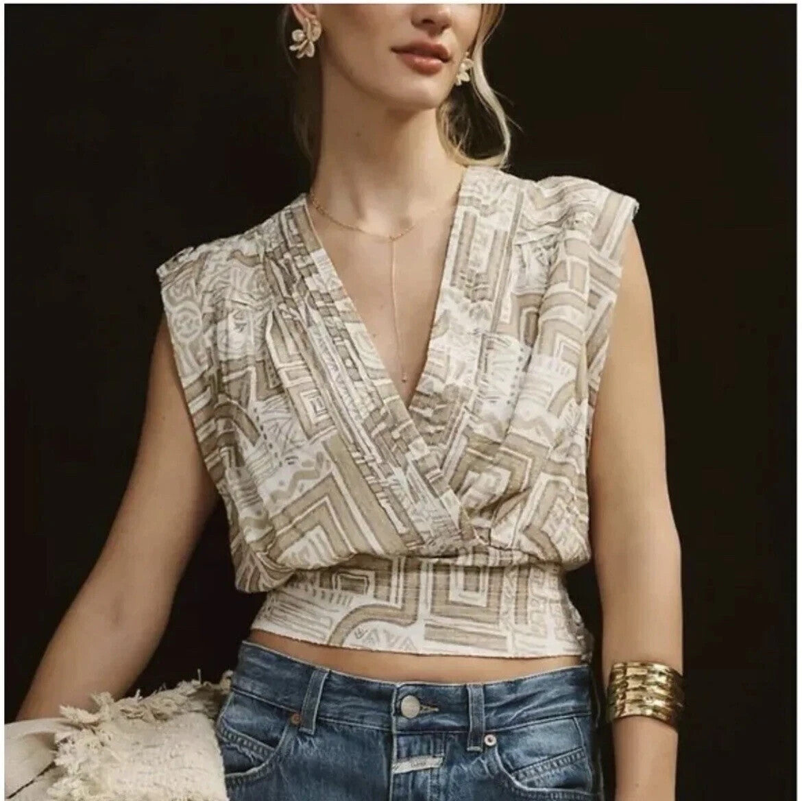 Anthropologie Women Crop Top Medium Sleeveless Wrap Cotton Printed Neutral Beige