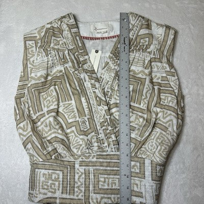 Anthropologie Women Crop Top Medium Sleeveless Wrap Cotton Printed Neutral Beige