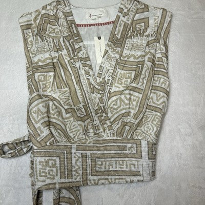 Anthropologie Women Crop Top Medium Sleeveless Wrap Cotton Printed Neutral Beige