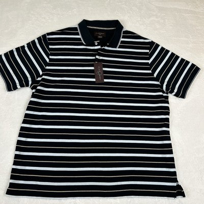Black Brown 1826 Polo Shirt Mens XXL Black/White Striped 100% Cotton Knit
