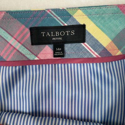 Talbots Womens Linen Cotton Skirt Size 14P Pastel Plaid Summer Preppy A-Line
