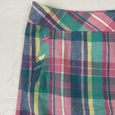 Talbots Womens Linen Cotton Skirt Size 14P Pastel Plaid Summer Preppy A-Line