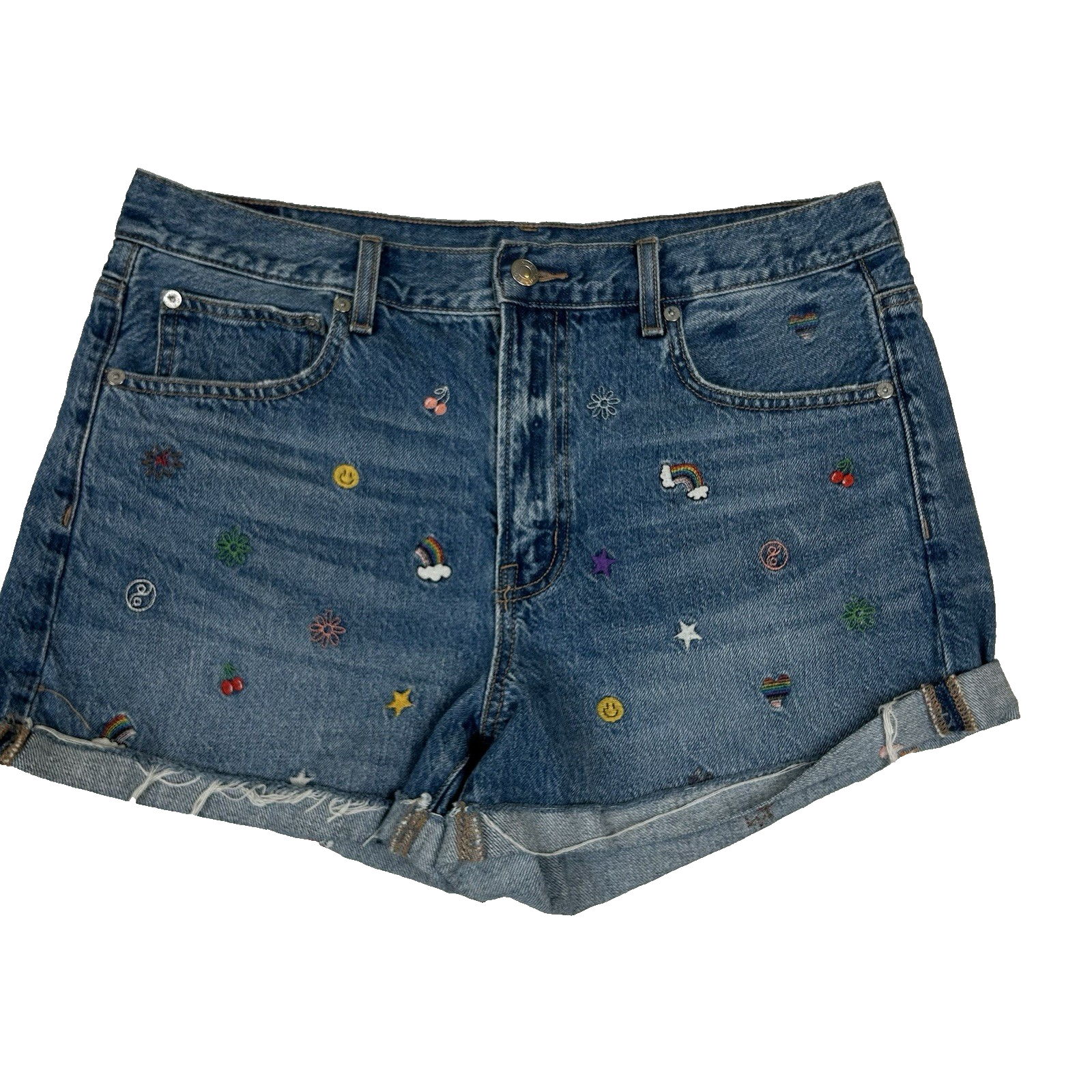 American Eagle Womens Shorts Size 12 Denim 90s Boyfriend Shorts Embroidered Hippie