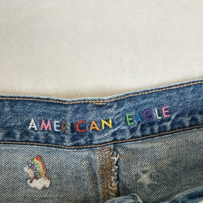 American Eagle Womens Shorts Size 12 Denim 90s Boyfriend Shorts Embroidered Hippie