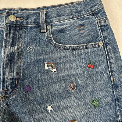 American Eagle Womens Shorts Size 12 Denim 90s Boyfriend Shorts Embroidered Hippie