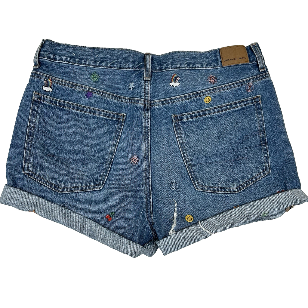 American Eagle Womens Shorts Size 12 Denim 90s Boyfriend Shorts Embroidered Hippie