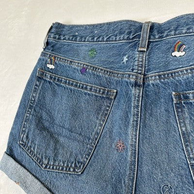 American Eagle Womens Shorts Size 12 Denim 90s Boyfriend Shorts Embroidered Hippie