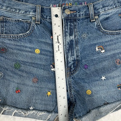 American Eagle Womens Shorts Size 12 Denim 90s Boyfriend Shorts Embroidered Hippie