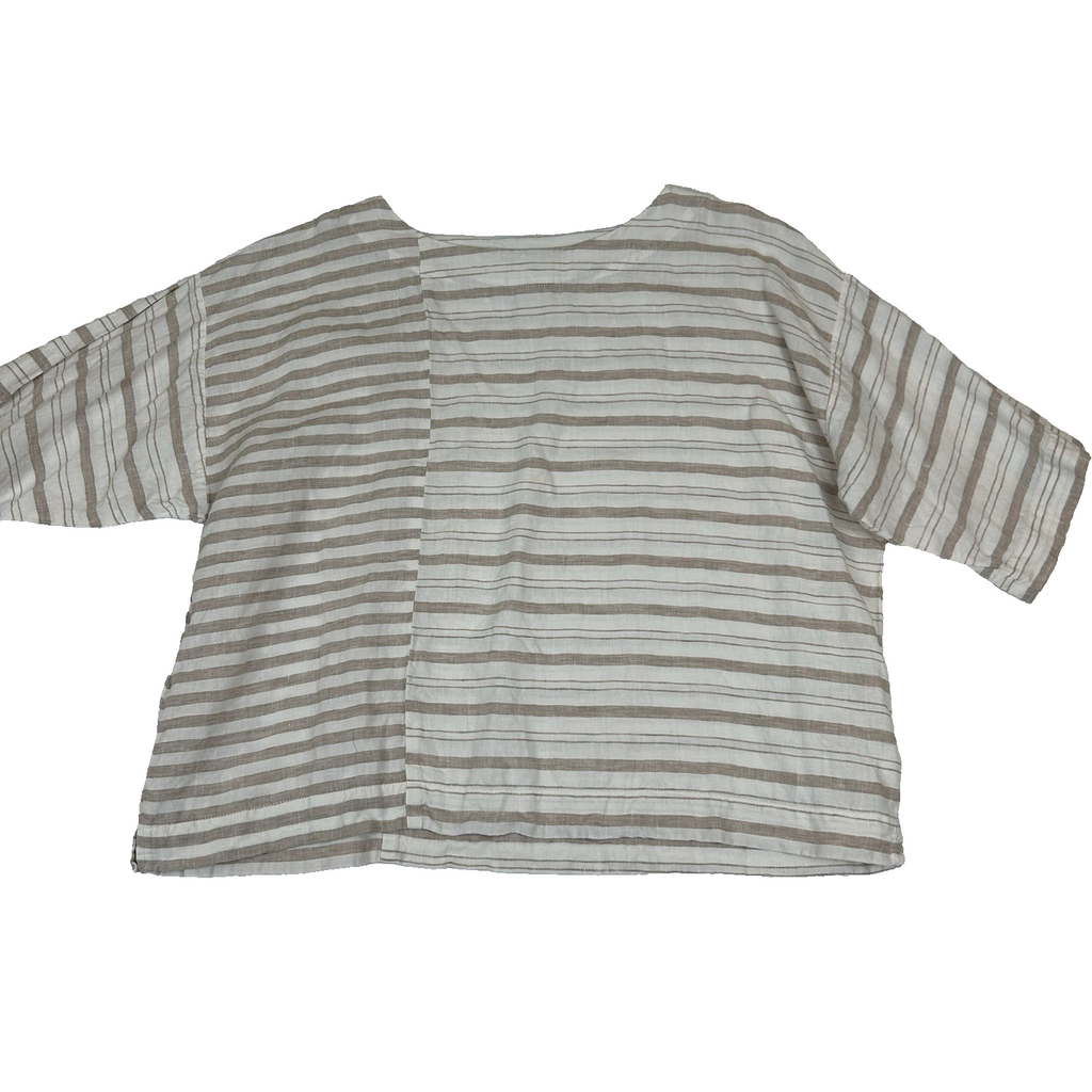 Pure Jill J Jill Women S 100% Linen Boxy Tunic Top Tan White Stripe Short Sleeve