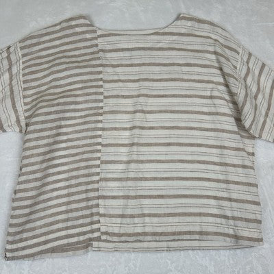 Pure Jill J Jill Women S 100% Linen Boxy Tunic Top Tan White Stripe Short Sleeve