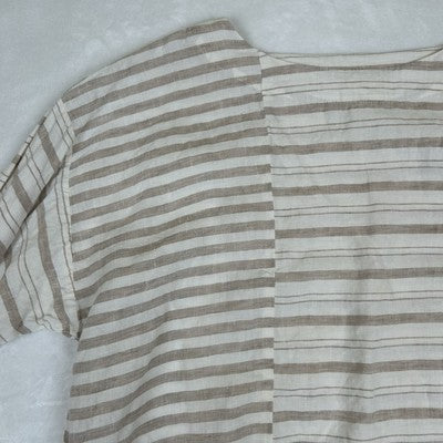 Pure Jill J Jill Women S 100% Linen Boxy Tunic Top Tan White Stripe Short Sleeve
