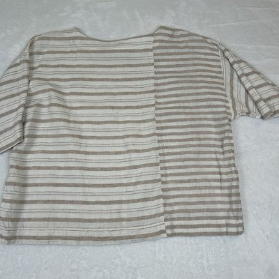 Pure Jill J Jill Women S 100% Linen Boxy Tunic Top Tan White Stripe Short Sleeve