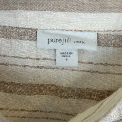Pure Jill J Jill Women S 100% Linen Boxy Tunic Top Tan White Stripe Short Sleeve