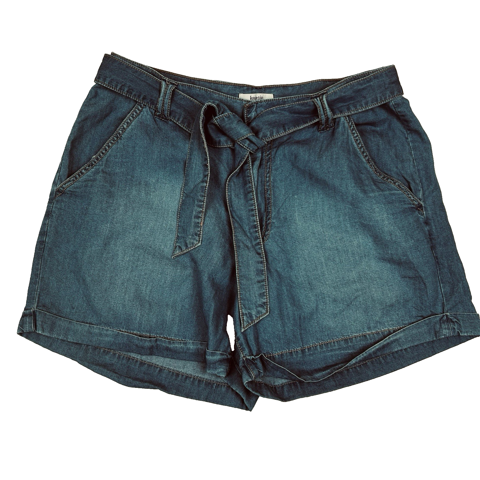Kensie Blue Denim Shorts Women Size 8/29 Cuffed Hem Belted Lightweight Chambray