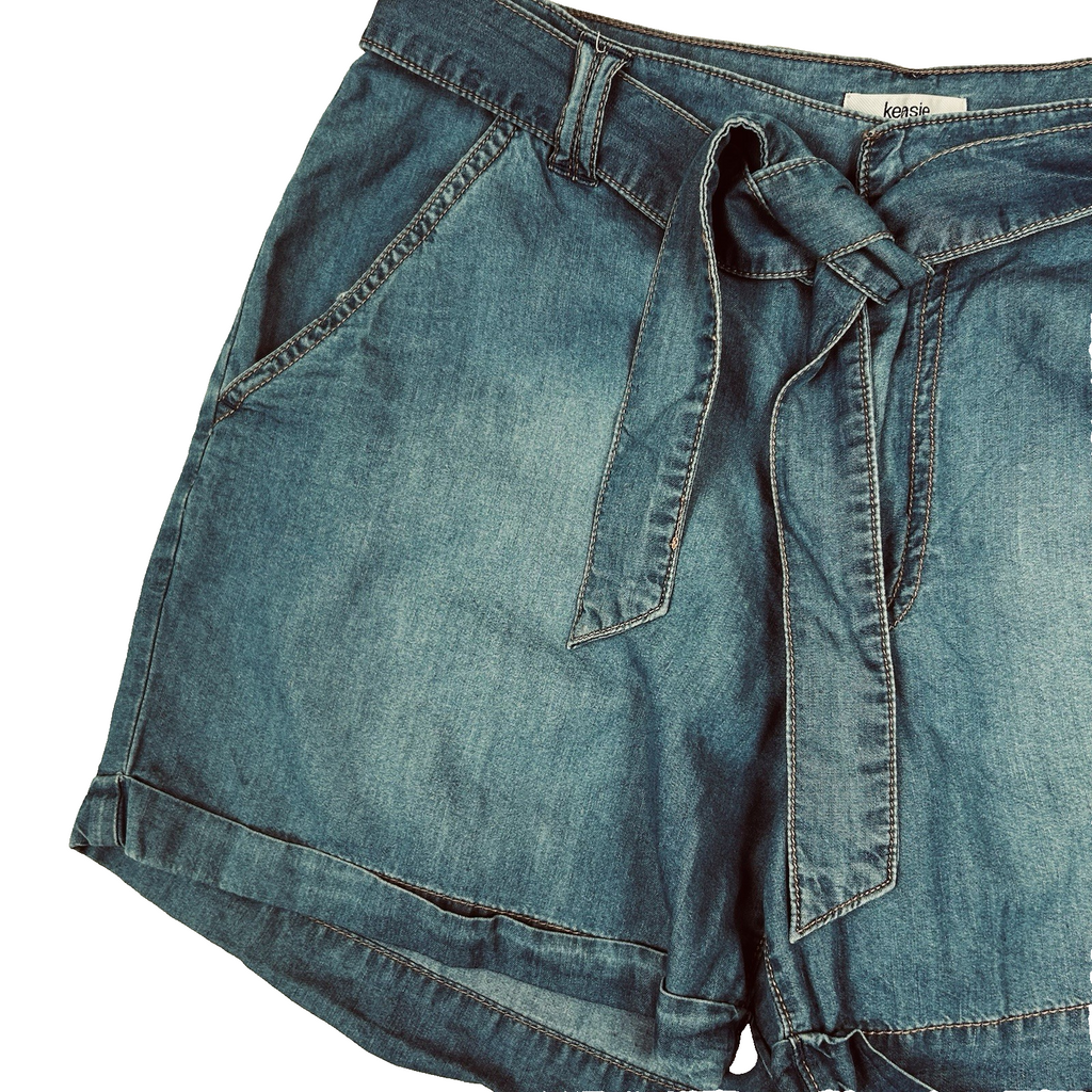 Kensie Blue Denim Shorts Women Size 8/29 Cuffed Hem Belted Lightweight Chambray