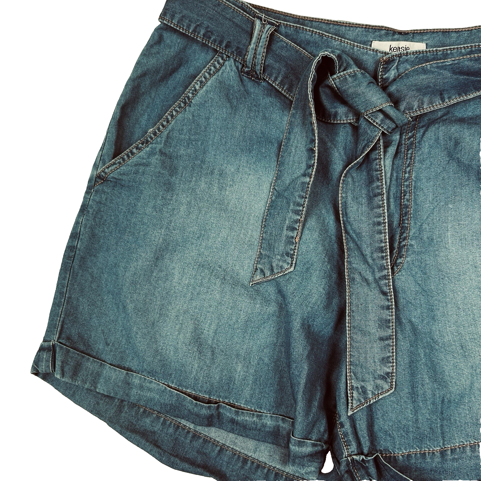 Kensie Blue Denim Shorts Women Size 8/29 Cuffed Hem Belted Lightweight Chambray
