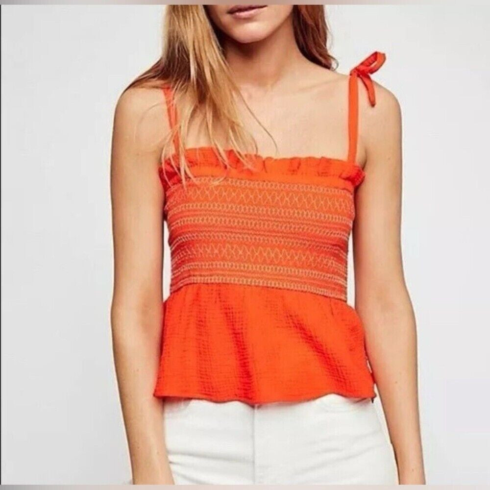 Free People Orange Smocked Tie Straps Tank Top Size Large Boho Flowy Vacation
