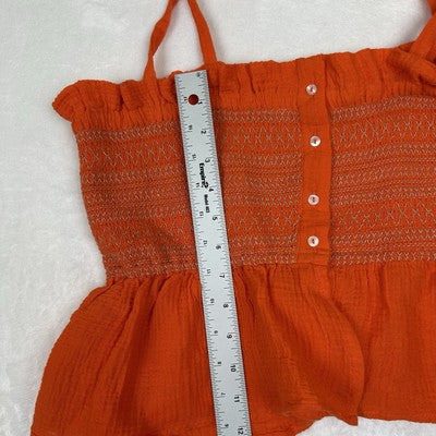 Free People Orange Smocked Tie Straps Tank Top Size Large Boho Flowy Vacation