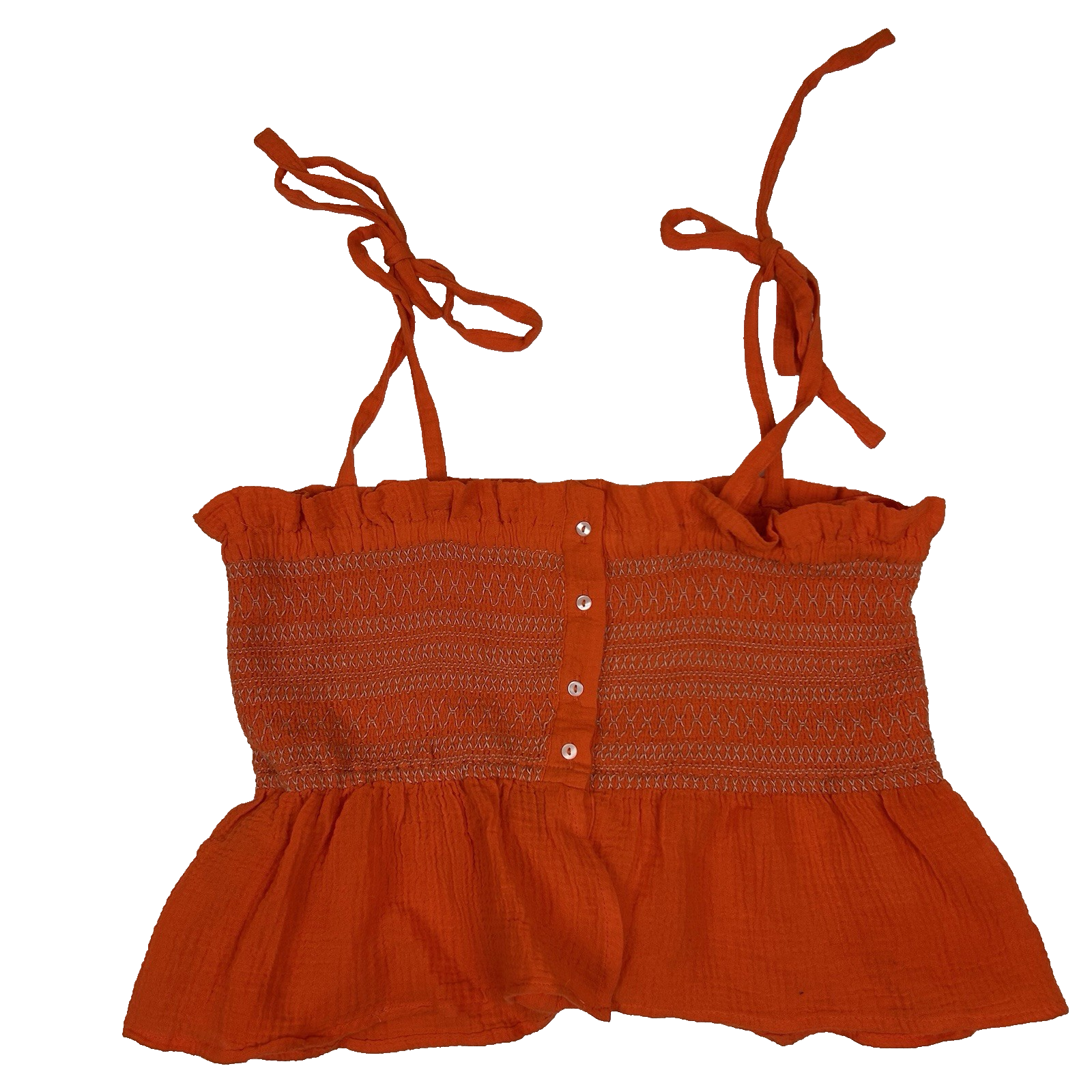 Free People Orange Smocked Tie Straps Tank Top Size Large Boho Flowy Vacation