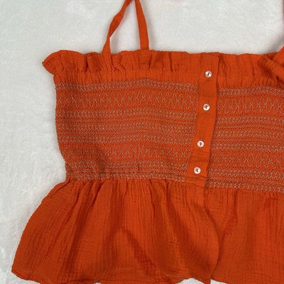 Free People Orange Smocked Tie Straps Tank Top Size Large Boho Flowy Vacation