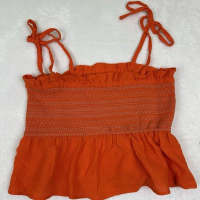 Free People Orange Smocked Tie Straps Tank Top Size Large Boho Flowy Vacation