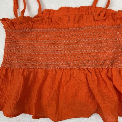 Free People Orange Smocked Tie Straps Tank Top Size Large Boho Flowy Vacation