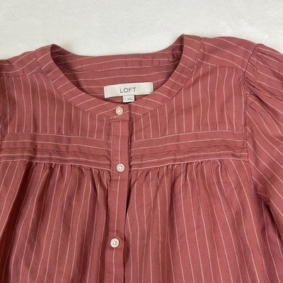 Loft Pink Striped Pleated Front Blouse Top Size S Button Up Modest Feminine Preppy
