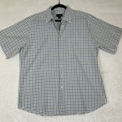 Scott Barber Mens XL Short Sleeve Button Up White Plaid Shirt 100% Cotton