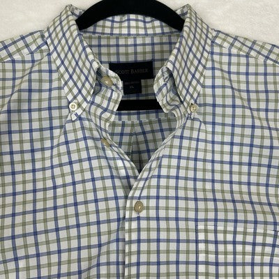 Scott Barber Mens XL Short Sleeve Button Up White Plaid Shirt 100% Cotton