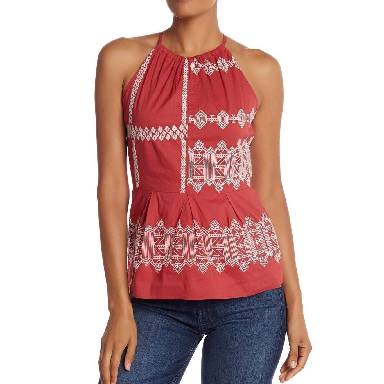 Women's Joie Brick Red Sleeveless Geom Embroidered Top Tank Size 6 Boho Halter