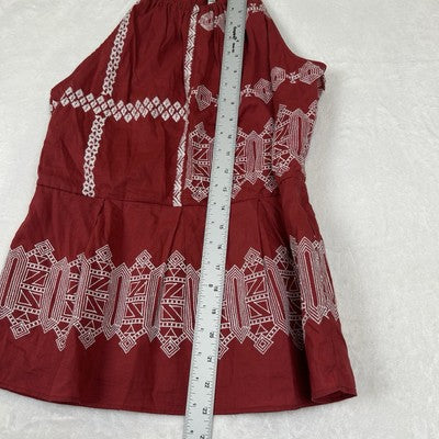Women's Joie Brick Red Sleeveless Geom Embroidered Top Tank Size 6 Boho Halter