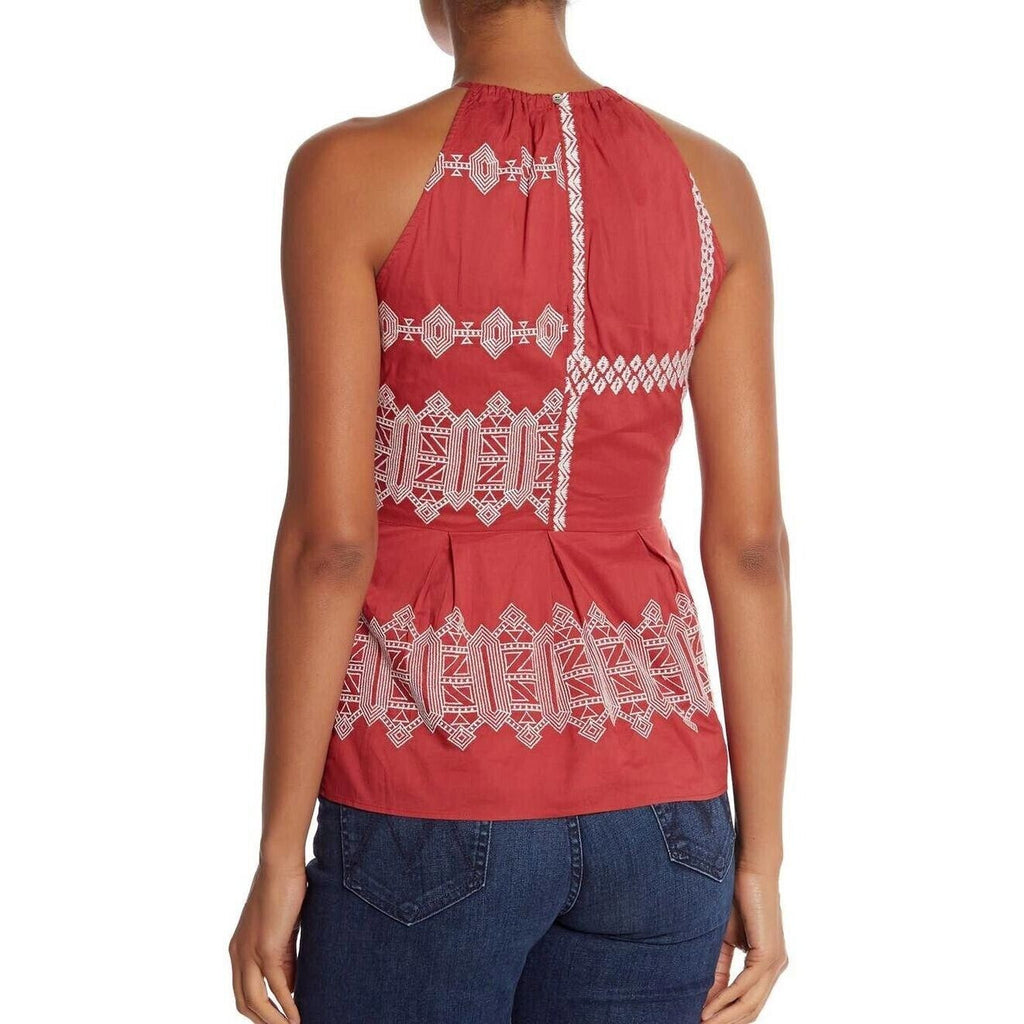 Women's Joie Brick Red Sleeveless Geom Embroidered Top Tank Size 6 Boho Halter