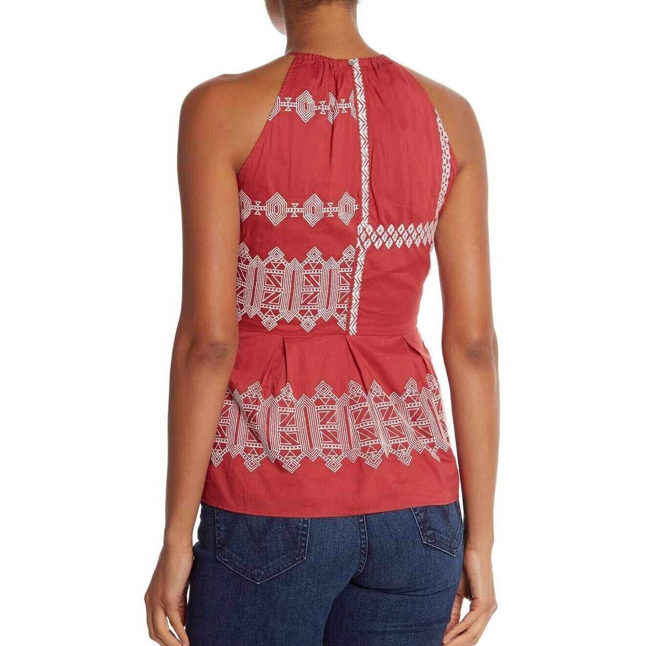 Women's Joie Brick Red Sleeveless Geom Embroidered Top Tank Size 6 Boho Halter