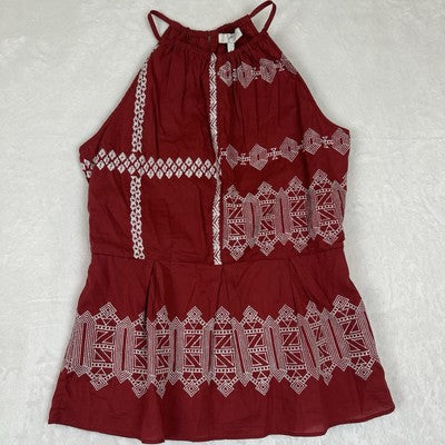 Women's Joie Brick Red Sleeveless Geom Embroidered Top Tank Size 6 Boho Halter