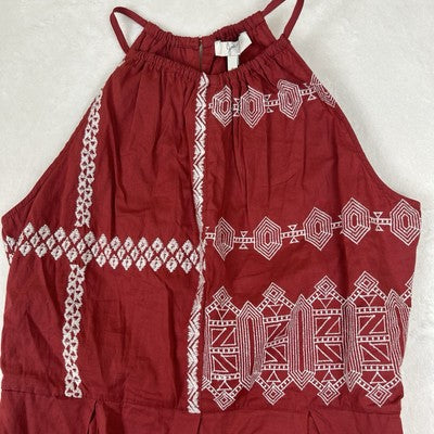 Women's Joie Brick Red Sleeveless Geom Embroidered Top Tank Size 6 Boho Halter