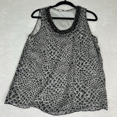 Diane von Furstenberg DVF Women Blouse Size M Black White Printed Beaded Neck 100% Silk