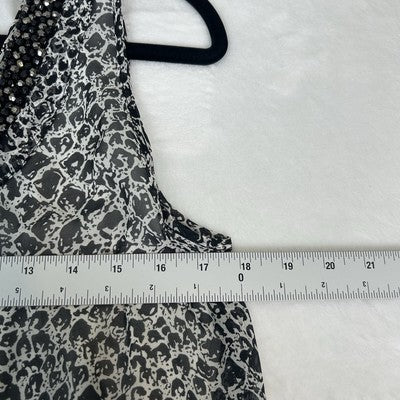 Diane von Furstenberg DVF Women Blouse Size M Black White Printed Beaded Neck 100% Silk