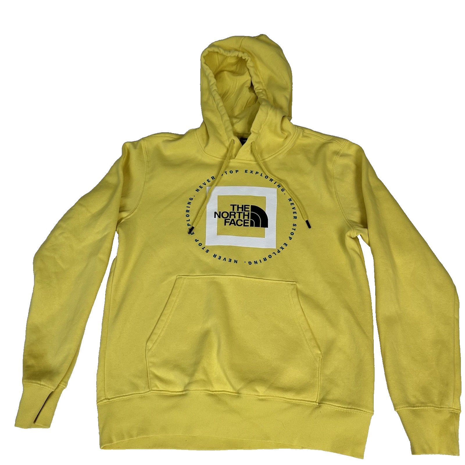 THE NORTH FACE Mens Hoodie Small Yellow Pullover Spell Out Logo Kangaroo Pocket