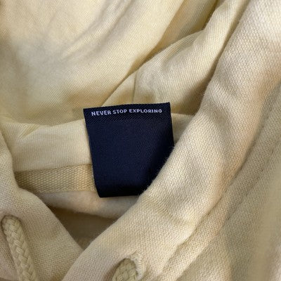 THE NORTH FACE Mens Hoodie Small Yellow Pullover Spell Out Logo Kangaroo Pocket