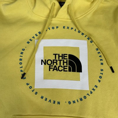 THE NORTH FACE Mens Hoodie Small Yellow Pullover Spell Out Logo Kangaroo Pocket