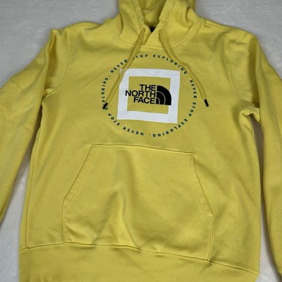 THE NORTH FACE Mens Hoodie Small Yellow Pullover Spell Out Logo Kangaroo Pocket