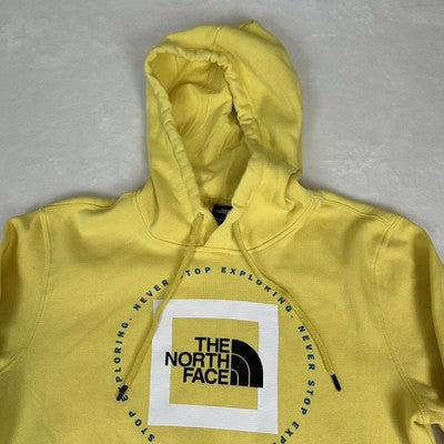 THE NORTH FACE Mens Hoodie Small Yellow Pullover Spell Out Logo Kangaroo Pocket