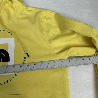 THE NORTH FACE Mens Hoodie Small Yellow Pullover Spell Out Logo Kangaroo Pocket