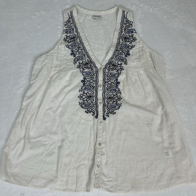 Converse One Star Womens Top Cream Blue Size L Boho Embroidered Button Down Shirt