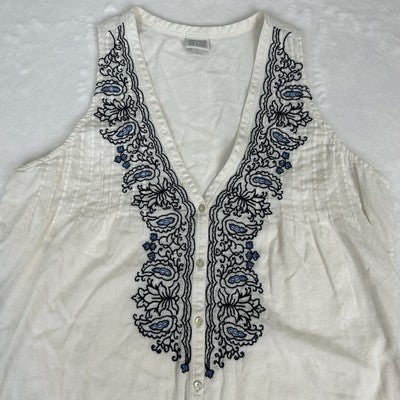 Converse One Star Womens Top Cream Blue Size L Boho Embroidered Button Down Shirt