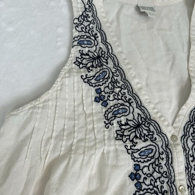 Converse One Star Womens Top Cream Blue Size L Boho Embroidered Button Down Shirt